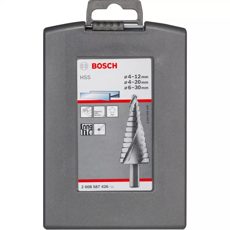 Set de brocas escalonadas Bosch HSS con mango de 3 caras para aluminio y plástico