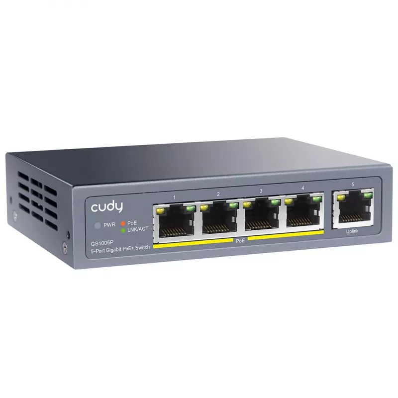 Switch de red Cudy GS1005P — 5 puertos Gigabit Ethernet con 4 puertos PoE, 60 W de potencia total, carcasa metálica, montaje en rack