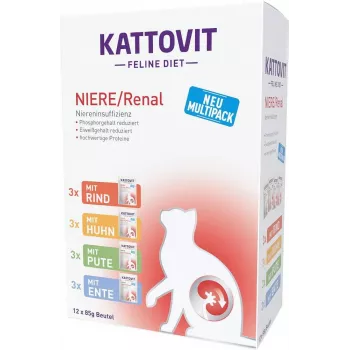 Comida húmeda para gatos KATTOVIT Niere/Renal 85 g bolsa – 12 x 85 g, ave (ternera, pollo, pato, pavo) para gatos adultos con insuficiencia renal