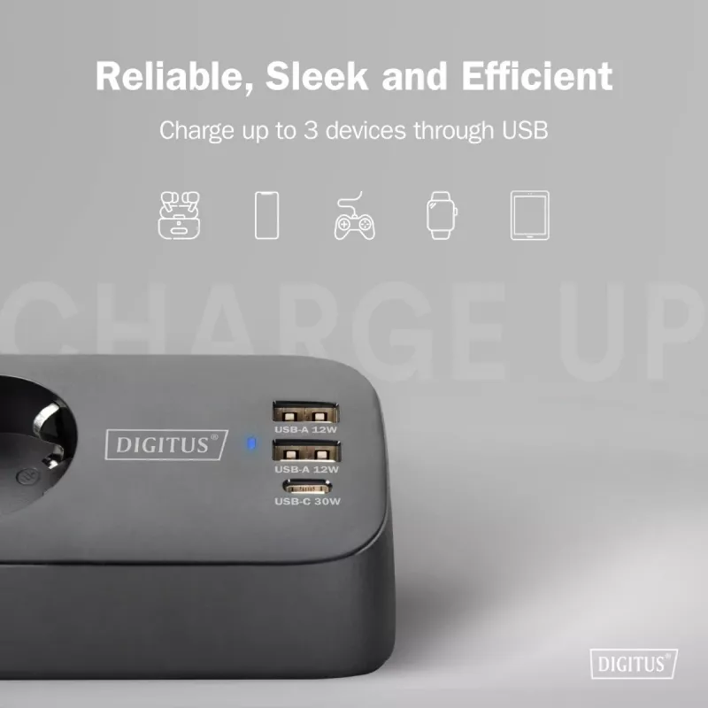 Regleta de enchufes DIGITUS 3 tomas con 2×USB-A y 1×USB-C, 3 tomas AC tipo E/F, cable de 1,5 m, negra