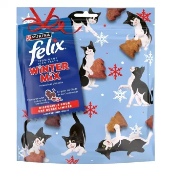 Snacks para gatos Purina Nestlé Felix Winter Mix Pavo y Arándanos 200 g bolsa con carne, gatos adultos, Proteína 35,5 % Grasa 19,5 %