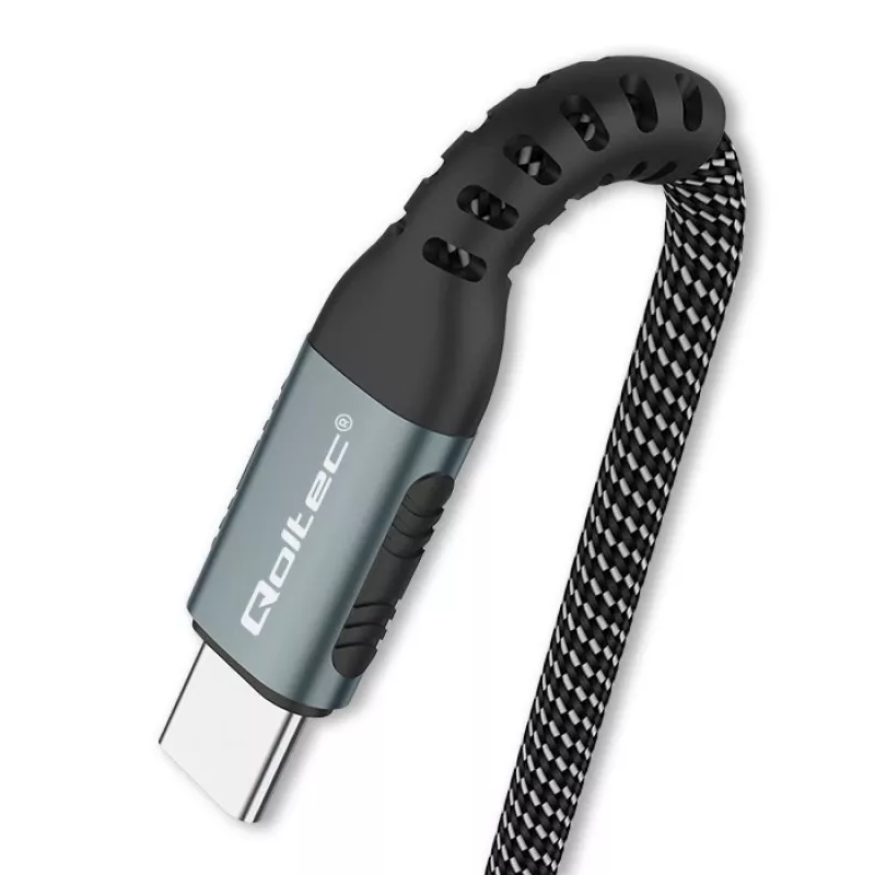 Qoltec 52358 cable USB-C a USB-C, USB 2.0, 480 Mbps, 100 W PD, QC 3.0, trenzado de nailon, 1,5 m, negro