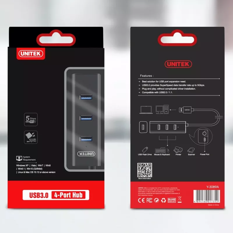 UNITEK Y-3089 hub de interfaz USB 3.2 Gen 1 (3.1 Gen 1) Type-A 5000 Mbit/s negro