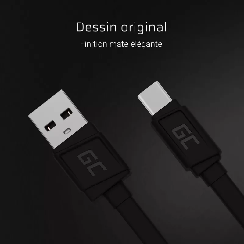 Cable USB-A a USB-C Green Cell KABGC03 — 0,25 m, negro, 480 Mbit/s