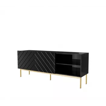 Mueble RTV ABETO sobre estructura de acero dorada 150x42x60 negro/negro brillante