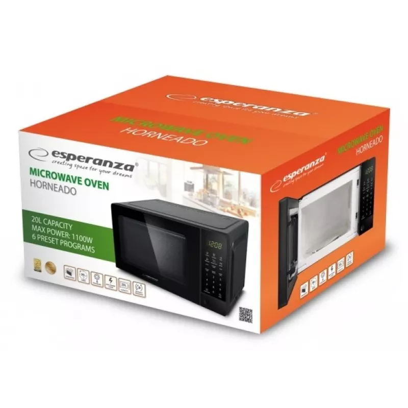 Esperanza EKO009 Horneado microondas solo, de sobremesa, 700 W, 20 l, plato giratorio de 24,5 cm, negro