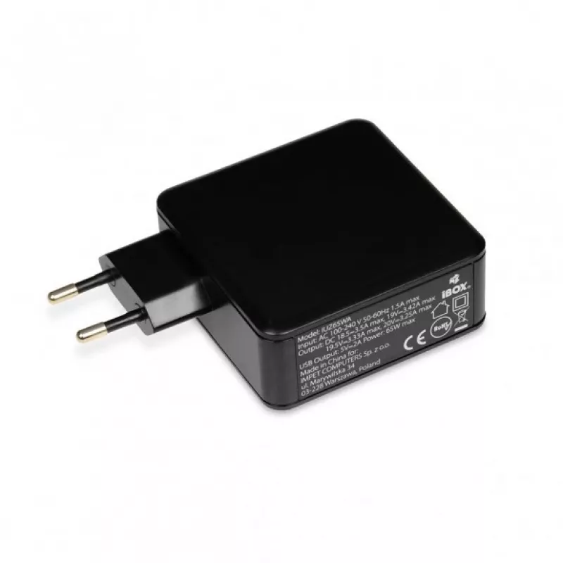 Fuente de alimentación para portátil IBOX IUZ65WA, AC/DC automática 100–240V → 18,5–20,5V, 65W, 1×USB, negra
