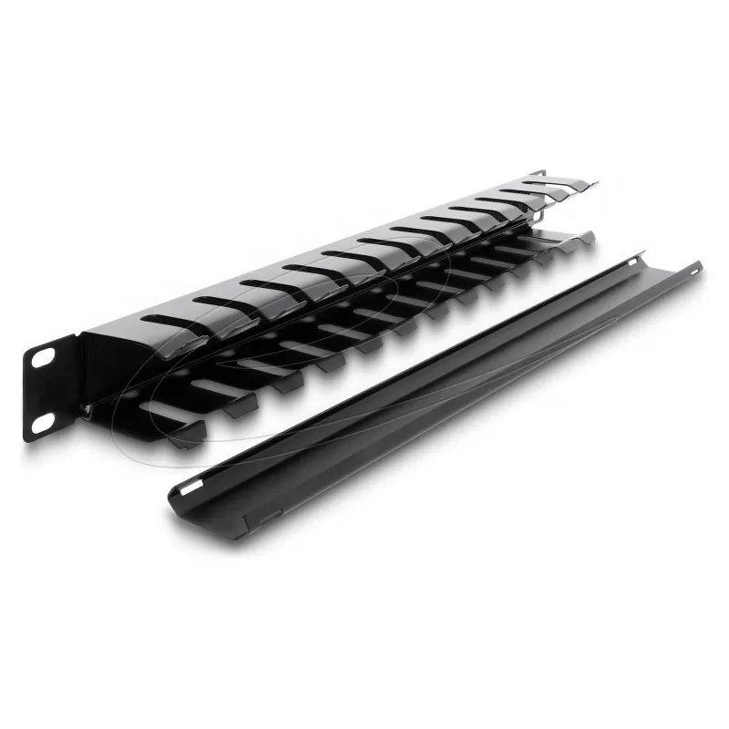 Delock 67628 panel de gestión de cables de 19" con cepillo, 1U, negro