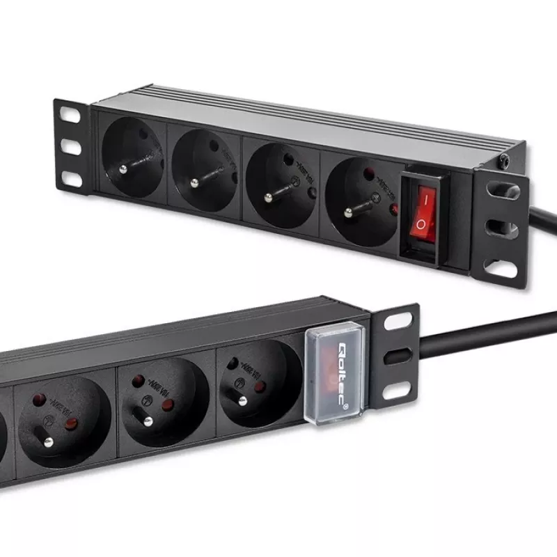 PDU de aluminio Qoltec para RACK de 10'' | 1U | 16A | 4xFRENCH | 1,8m