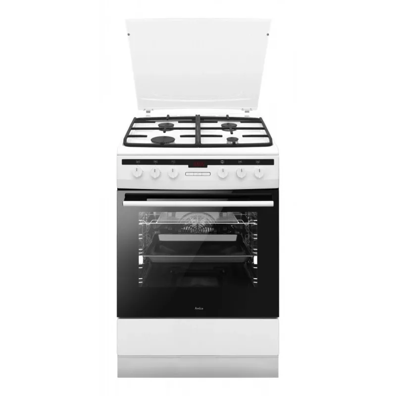Cocina independiente AMICA 617GEH3.33HZpTaDpA(W) PIZZA — placa de gas 4 zonas, horno eléctrico 65 L, temporizador electrónico, blanca