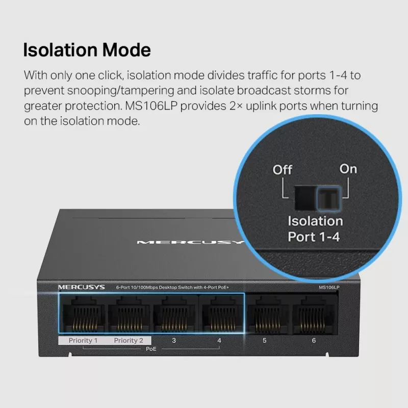 Switch de sobremesa Mercusys de 6 puertos 10/100Mbps con 4 puertos PoE+