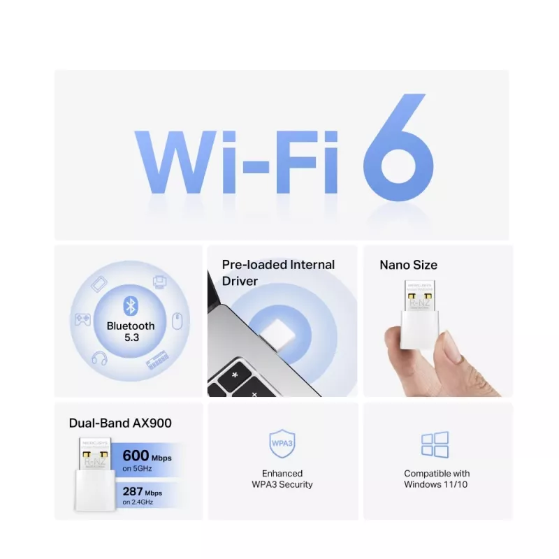 Adaptador USB WiFi MERCUSYS MA60XNB AX900 con Bluetooth 5.0