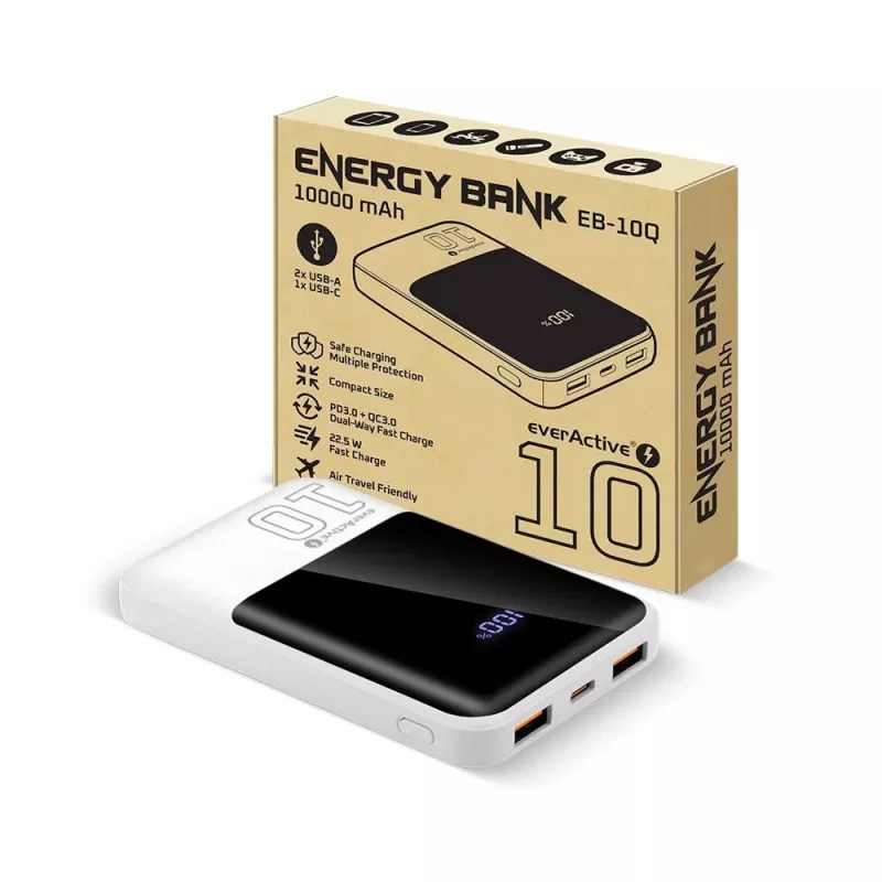 Batería externa everActive EB-10Q 10.000 mAh, 2× salidas USB, 22,5W QC4.0