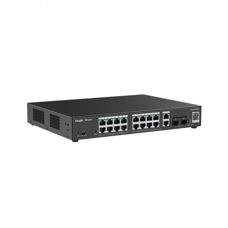 Ruijie Reyee RG-ES220GS-P switch PoE Gigabit L2 gestionable, 20 puertos (18x GE 10/100/1000, 16x PoE+, 2x SFP), 250 W, Cloud, negro