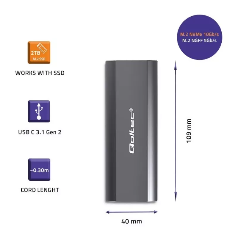 Carcasa | caja NV2271 para disco M.2 SSD | SATA | NVMe | USB-C | 2TB
