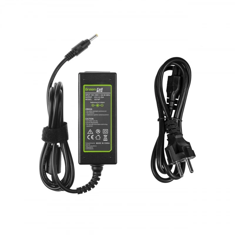 Adaptador de corriente Green Cell AD76P 45W para portátiles Lenovo, 20V 2,25A, de CA a CC, entrada 100–240V, negro
