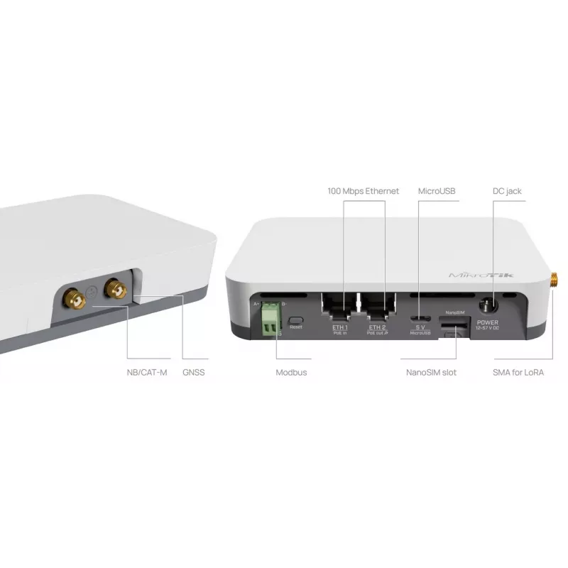 Gateway/controlador MikroTik KNOT LR8G — banda única 2,4 GHz, Ethernet 100 Mbit/s, QCA9531 650 MHz, RS-485, NanoSIM