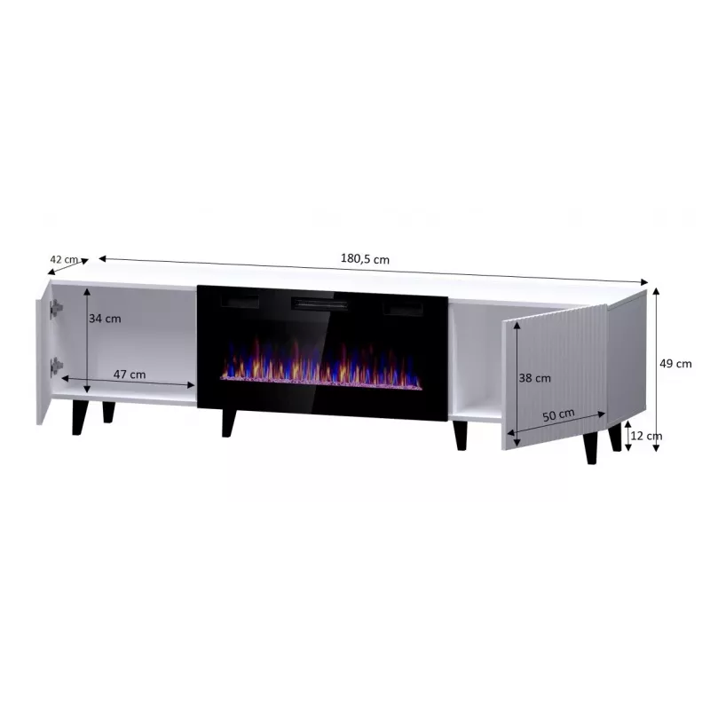 Mueble TV Cama Meble PAFOS EF con chimenea eléctrica 180×42×49 cm, blanco mate
