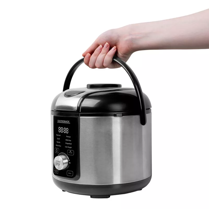 Olla arrocera GASTROBACK Rice Control Low Carb & Steam, 3 L, 450 W, negra/acero inoxidable