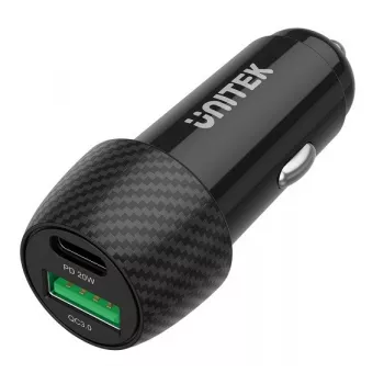 Cargador para coche Unitek P1400A con USB-C y USB-A, 38W, Quick Charge 3.0, entrada 12–24V, negro