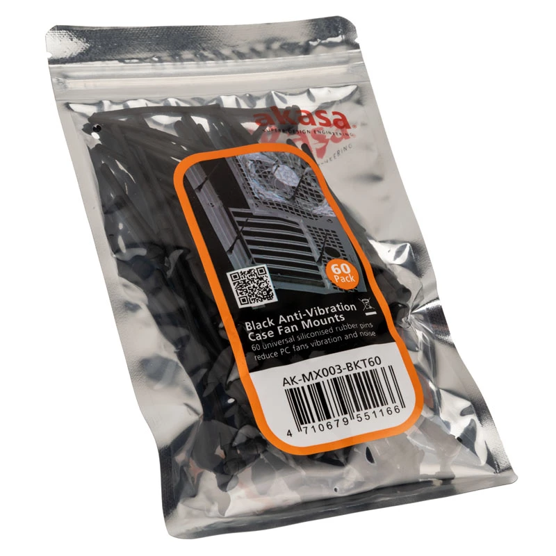 Fijaciones antivibración para ventilador Akasa AK-MX003-BKT60 — Set de 60 fijaciones negras para ventiladores de refrigeración de PC