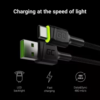 Cable USB Green Cell KABGC06 1,2 m USB A USB C negro