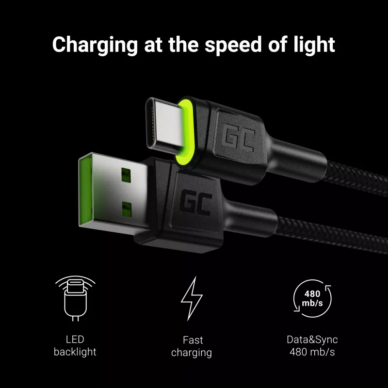 Cable USB Green Cell KABGC06 1,2 m USB A USB C negro