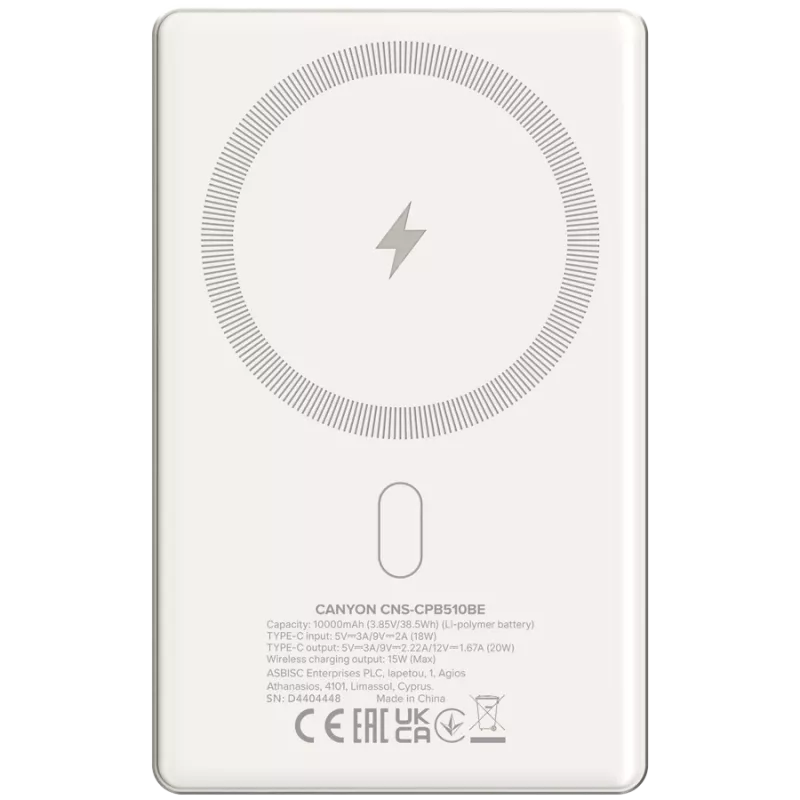 Canyon OnCharge 510 - Batería externa - 10.000 mAh - entrada USB-C - salida USB-C PD 20W + Wireless Magnet