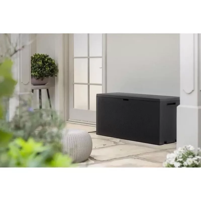 Caja de almacenamiento exterior Keter 249722 270 L, resistente a la intemperie, grafito, rectangular 1180×440×580 mm
