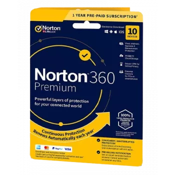 Norton 360 Premium | 10 dispositivos | 1 año | 75 GB de almacenamiento en la nube | EU | NON SUB |