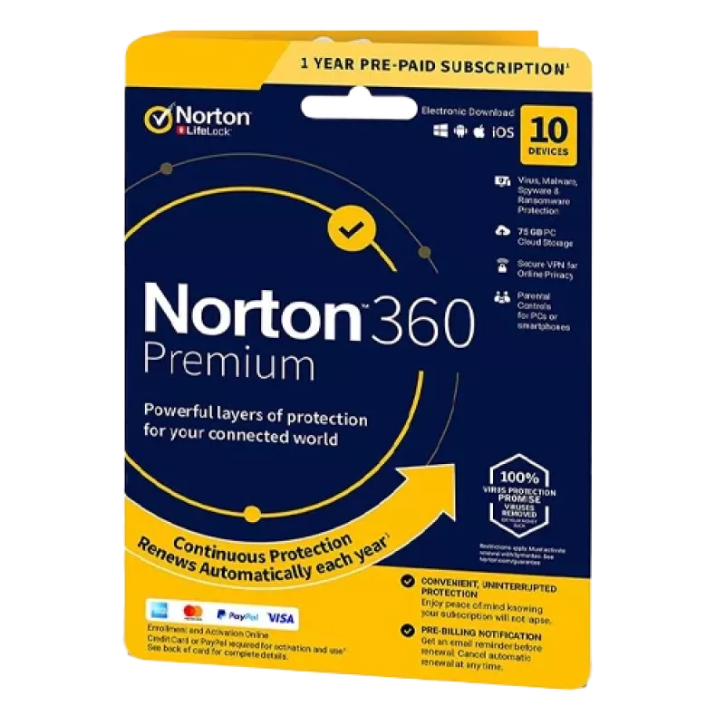 Norton 360 Premium | 10 dispositivos | 1 año | 75 GB de almacenamiento en la nube | EU | NON SUB |