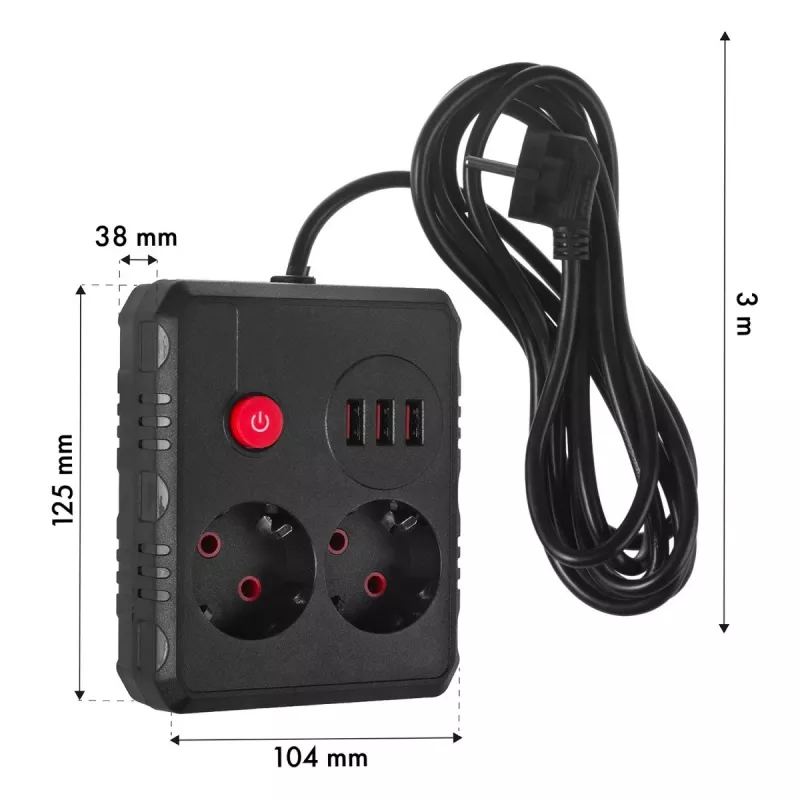 Regleta Maclean MCE388 B, 2 tomas, 3x USB, 110-240 V, 2500 W, 3 m, negra