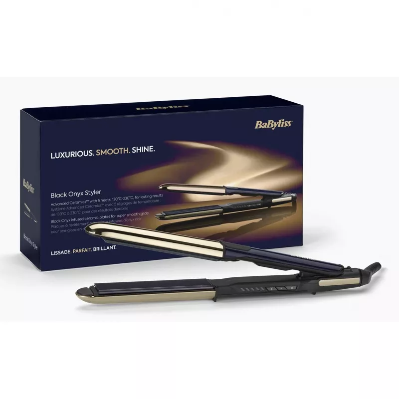 Plancha de pelo BABYLISS ST484E — placas cerámicas, tecnología Warm, 230 V, cable de 3,3 m, negro/oro
