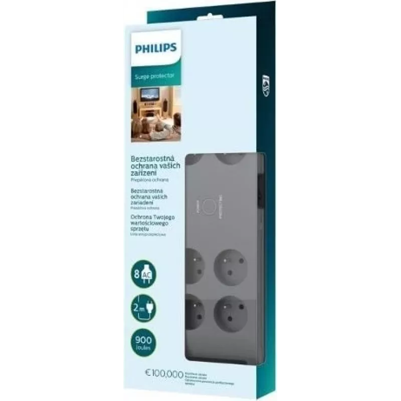 Protector contra sobretensiones Philips SPN3180A/60 — 8 tomas, cable de 2,0 m
