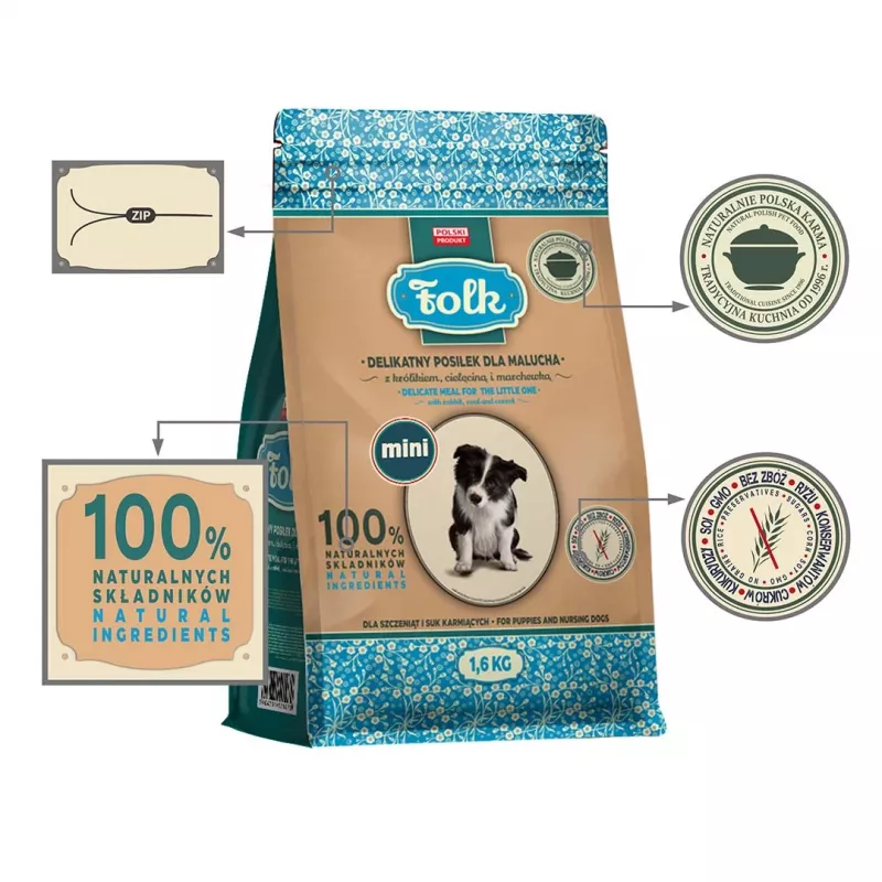 FOLK Junior Razas pequeñas Comida suave para cachorros con conejo, ternera y zanahoria - Comida seca para perros - 1,6kg