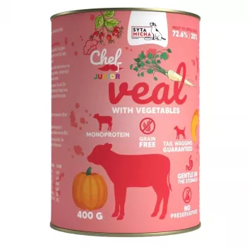 Comida húmeda para perros SYTA MICHA Chef Ternera con verduras Junior 400 g, alimento completo, proteína 12,6%, humedad 78,4%