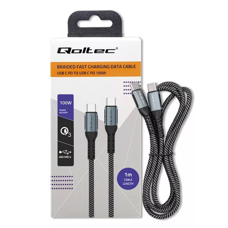 Cable Qoltec USB 2.0 Type-C a USB 2.0 Type-C 100W QC 3.0 PD 1m Negro