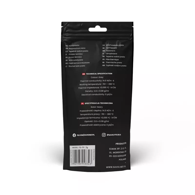 Savio Glacier TG-04 pasta térmica, 2 g, 14,5 W/mK, gris