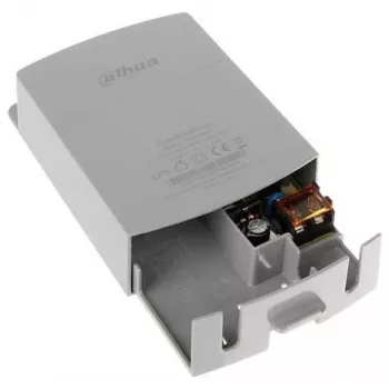 Fuente de alimentación DAHUA PFM300 — para cámaras, entrada 180–264 V 50–60 Hz, compacta 37 × 88 × 138 mm, gris