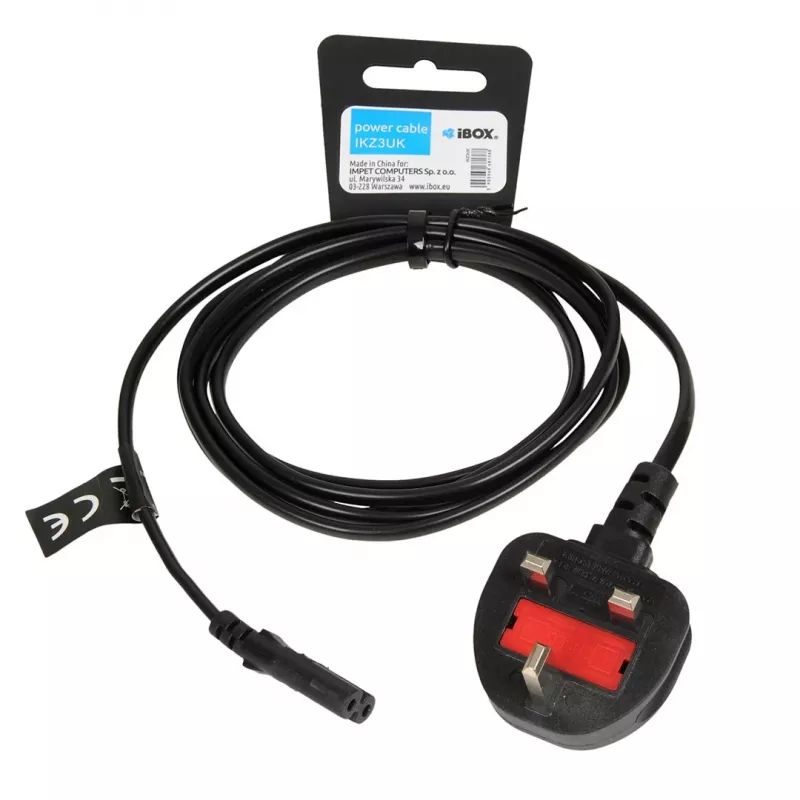Cable de alimentación IBOX Euro 2 polos 1,8 m con conector macho UK VDE, IEC C7, negro, conductor de cobre