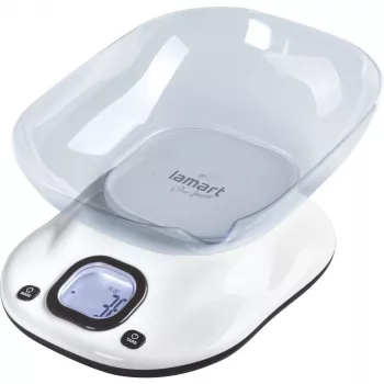Báscula de cocina LAMART LT7073 — control táctil, gran LCD, bol extraíble, selección de unidades (g/ml/lb:oz), pila AAA