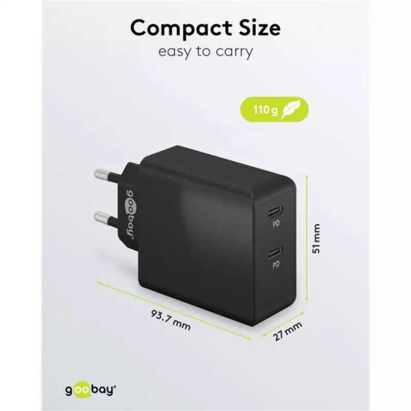 Cargador de interior Goobay 61757 carga rápida USB Type-C 2 puertos negro