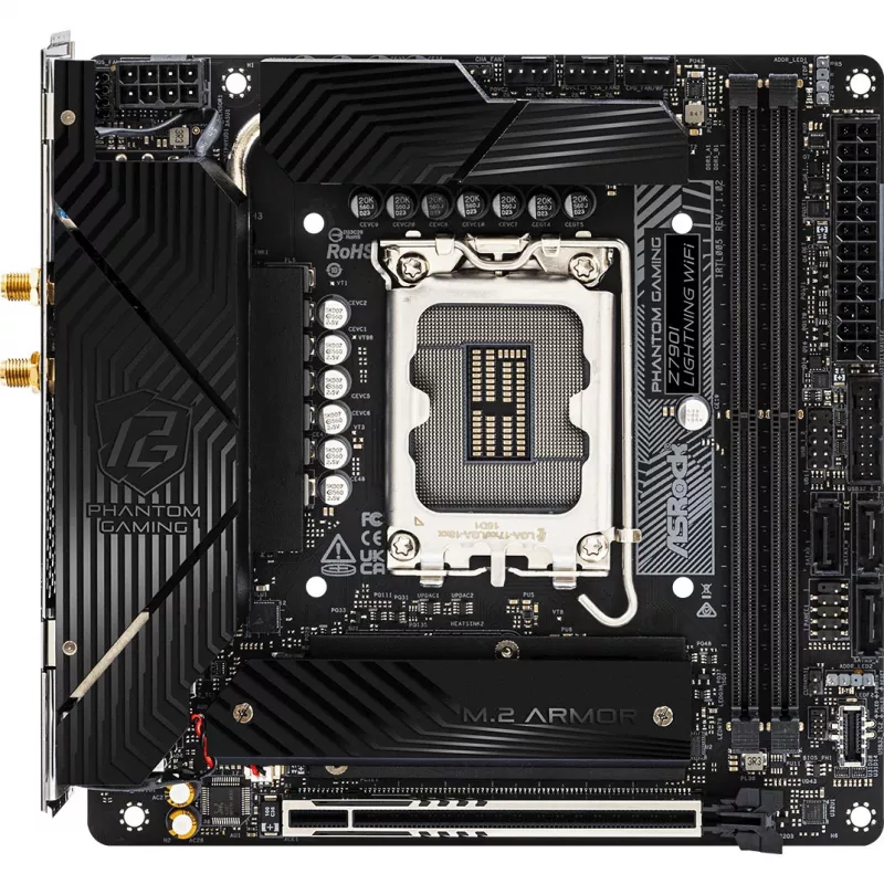 Placa base ASRock Z790I LIGHTNING WIFI — Intel Z790, LGA 1700, Mini-ITX, DDR5 hasta 8600 MHz, 2x DIMM, Wi‑Fi 6E, 2.5Gb LAN, 2x M.2
