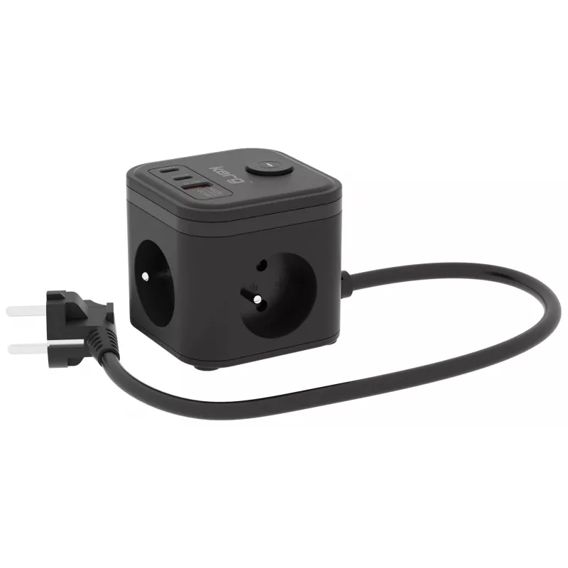 Regleta de enchufes Kerg SMART – 3 tomas AC tipo F con 3 USB (2×A + 1×C), cable 1,5 m, 16 A 230 V, negro