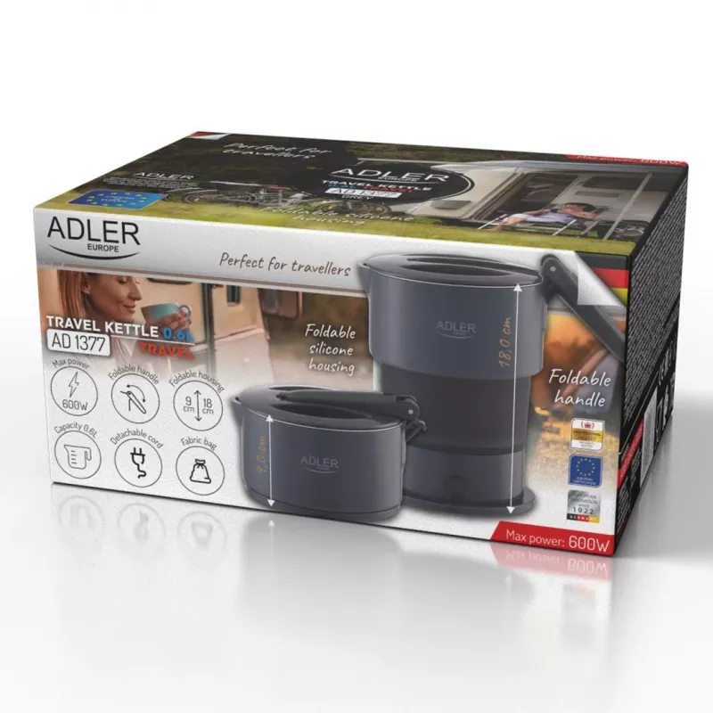 Hervidor de agua eléctrico Adler AD 1377G, capacidad 0,6 L, 600 W, gris, plástico/silicona/acero inoxidable