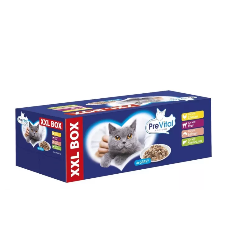 PREVITAL XXL BOX Mix de sabores con pollo, ternera, salmón e hígado en salsa - Comida húmeda para gatos - 48 x 100 g