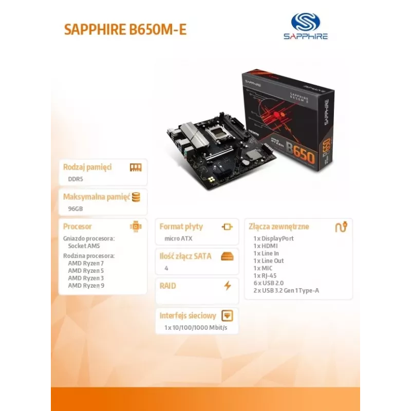 Placa base Sapphire B650M-E (AMD B650) micro ATX, socket AM5, DDR5, 2x DIMM, 96GB, 2x M.2 (PCIe5/4), 4x SATA III, 2,5Gb LAN