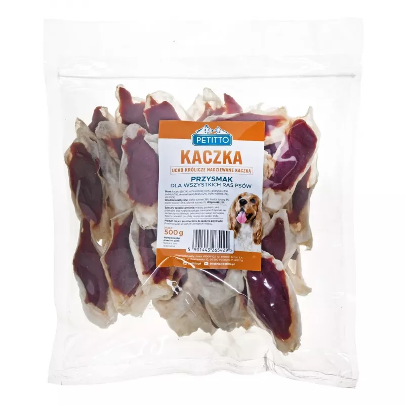 PETITTO Oreja de conejo rellena de pato snack para perros, 500 g