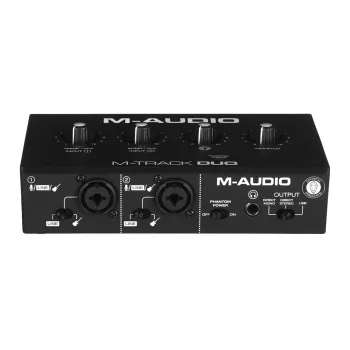 Interfaz de audio M-Audio M-Track Duo — USB 2-in/2-out, 16-bit/48 kHz, 1x XLR/TS combo, 1x entrada de instrumento, alimentación fantasma 48V
