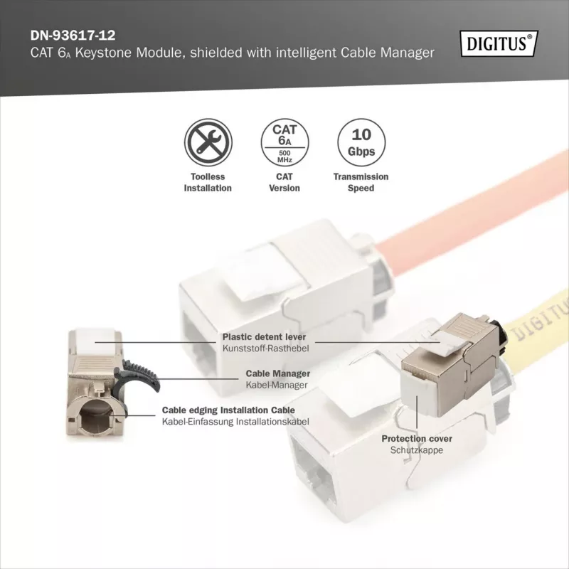 Digitus Módulo Keystone Cat.6A apantallado con gestor de cables inteligente, 12 uds., plata